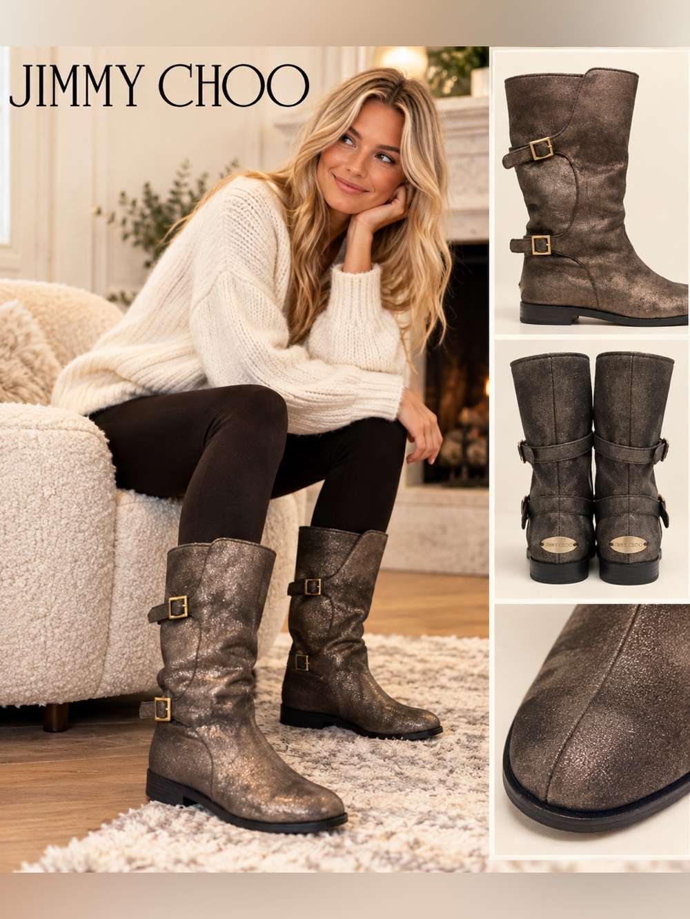 Jimmy Choo Metallic Leather Moto Engineer Boots – Size 40